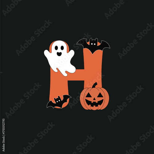 Halloween Letter H with Ghost, Bat, and Pumpkin