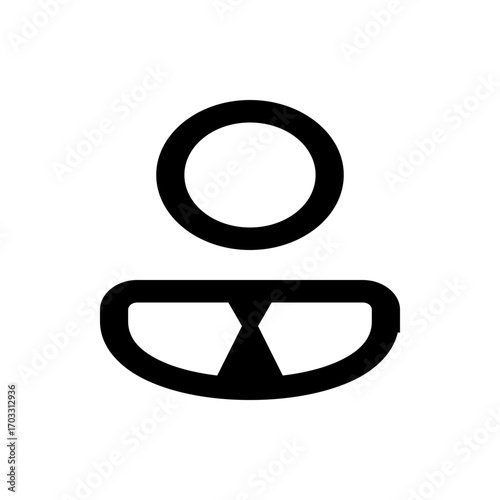 A simple graphic of a stylized face featuring a circle above a curved shape with an inverted v design element