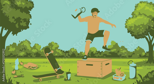Summer Skatepark Fun Man Jumps Over Obstacle in Park