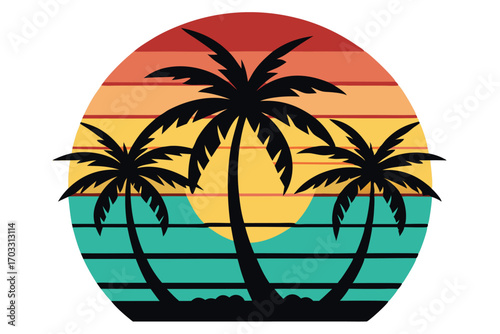 Three palm trees stand silhouetted against a retro striped sunset landscape within a circle