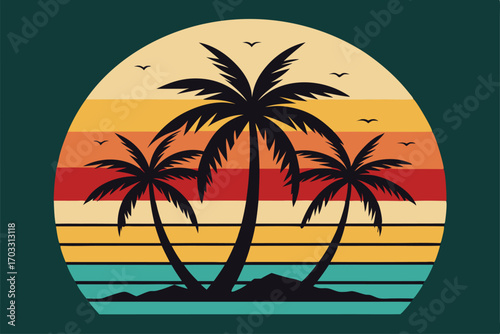 Silhouetted palm trees adorn retro sunset backdrop with birds flying within an oval frame