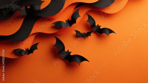 Spooky Halloween bats flutter across orange and black paper waves, creating a festive and mysterious atmosphere for celebrations.
