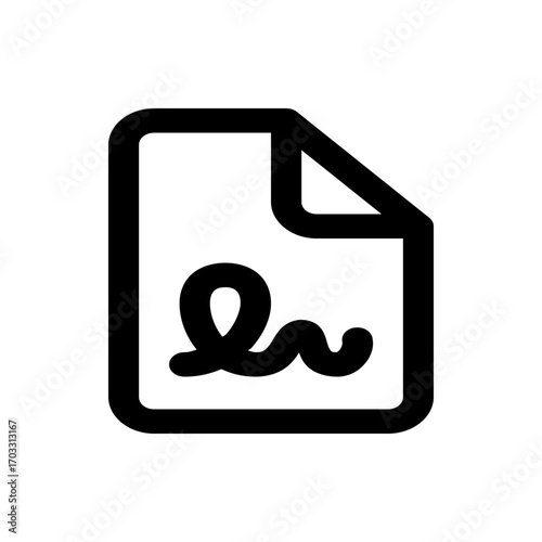 Black and white document icon with a signature on it and a folded corner, representing agreement