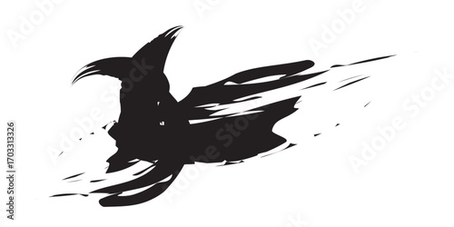 Abstract black brushstroke silhouette of a flying crow with energetic ink splatters.