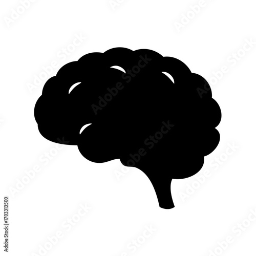 A stylized black silhouette of a human brain on white background