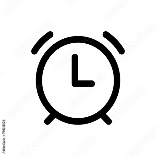 Illustration of a simple black alarm clock with short hands and ringing bells on top in a white background