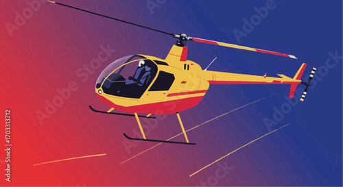 Yellow helicopter flying in the sky with colorful gradient background  