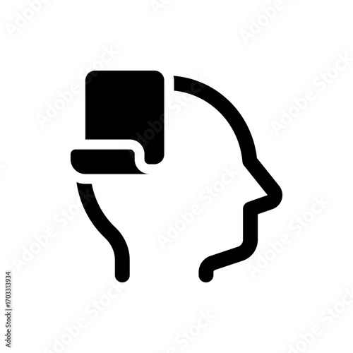 Silhouette of a head with a square shape above it representing thought or information processing concept idea