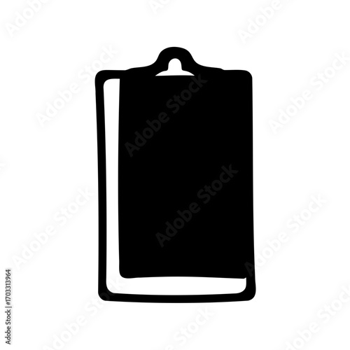 Black and white icon image of a clipboard with papers on it