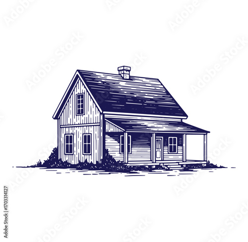 Detailed hand drawn illustration of a classic rural american farmhouse on white background