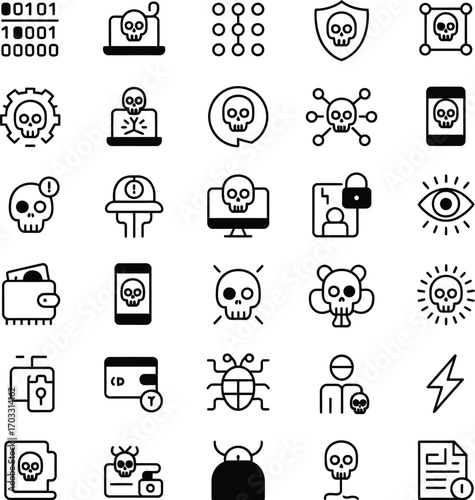 A set of cybersecurity and hacking icons featuring skulls and digital threats in a line art style
