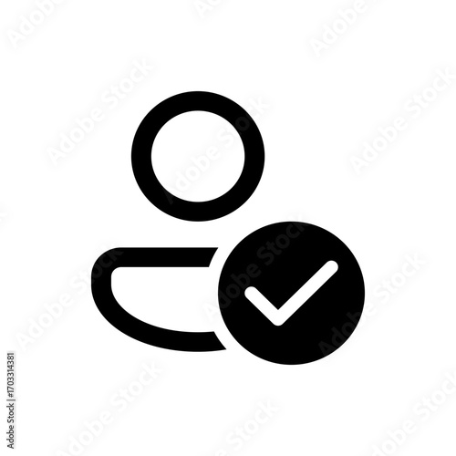 User icon with check mark indicating verified profile or successful login in a simple black and white design