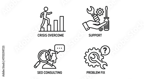 Vector illustration of set of icons representing business concepts like crisis overcome, support, seo consulting, and problem fix