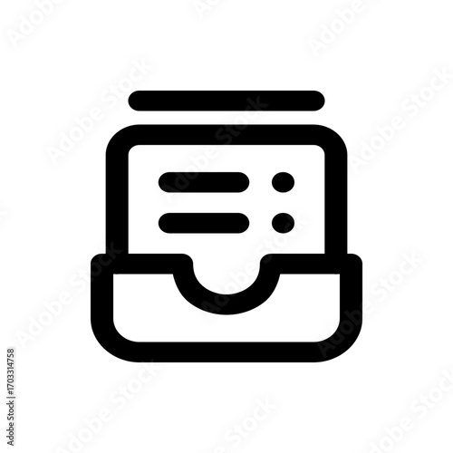 Black and white outline of a document in a holder with two lines and two dots on the document itself