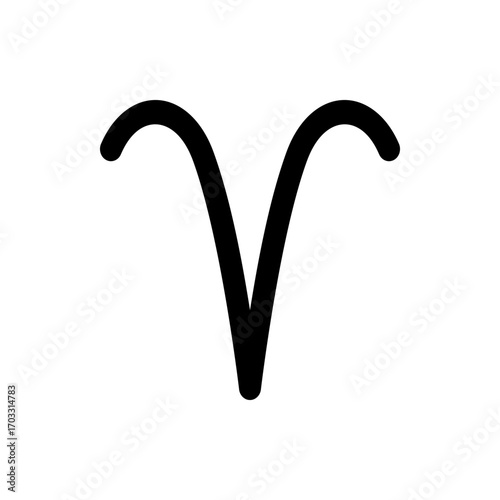 Aries zodiac sign symbol in black with curved horns and a v shape on a white background illustration