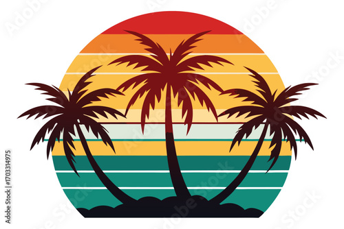 Retro sunset background with three palm trees providing a tropical vibe silhouette for summer