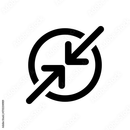 Black circle with a diagonal line through it and two arrows pointing inward in the center design element