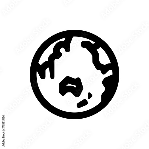 Black and white illustration of a stylized earth globe with continents and a thick circular outline shape