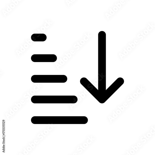 Black descending arrow pointing down next to a list of horizontal lines of varying lengths icon design