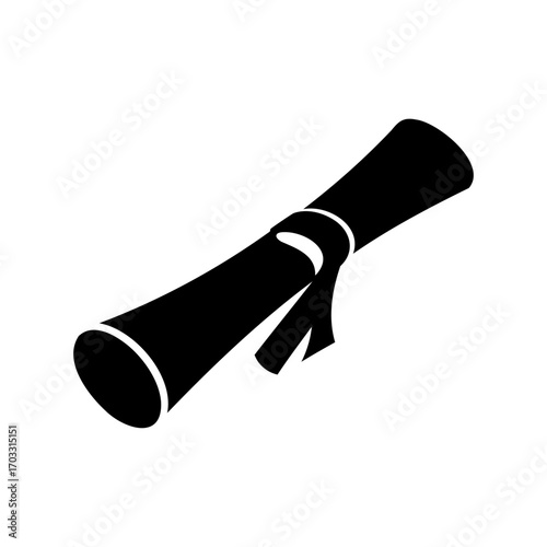 A black silhouette of a diploma scroll with a ribbon tied around it