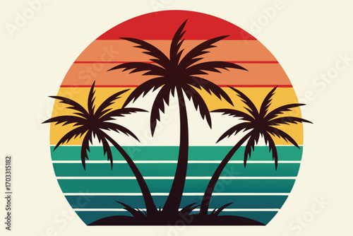 Retro circle displays three palms against horizontal lines with warm sunset hues
