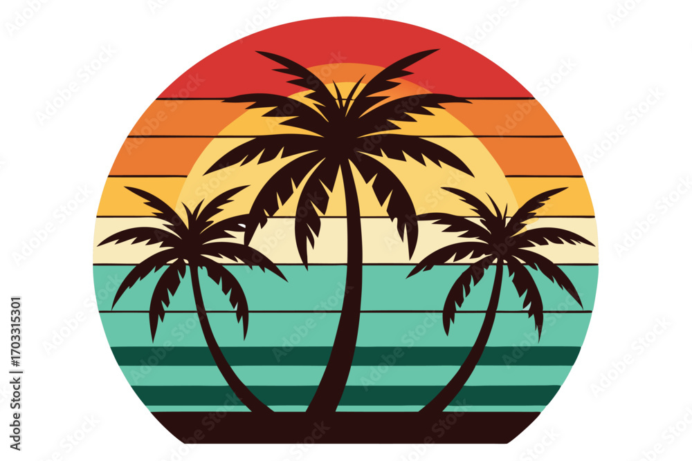 custom made wallpaper toronto digitalRetro sunset background showcases three dark silhouette palm trees on a tropical beach