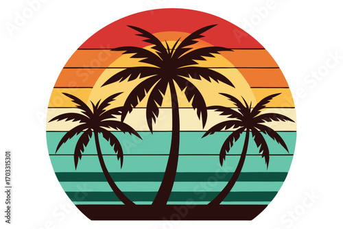Retro sunset background showcases three dark silhouette palm trees on a tropical beach