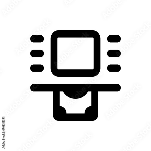 Illustration of a black atm machine with a screen and slots for cards and money displayed clearly