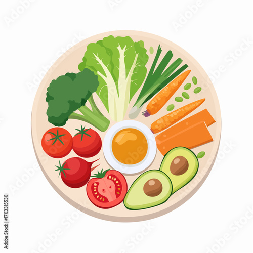 Vibrant and Fresh Vegetable Bowl with Egg Yolk Dip - A Wholesome and Healthy Meal