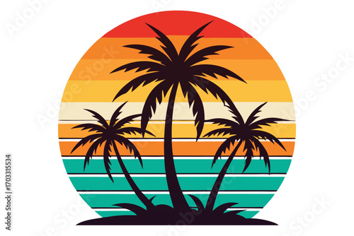 Silhouette palm trees stand against vibrant sunset stripes creating a tropical beach vibe