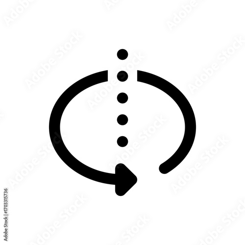 A black arrow rotating downward with a dotted line above it on a white background in a simple graphic style