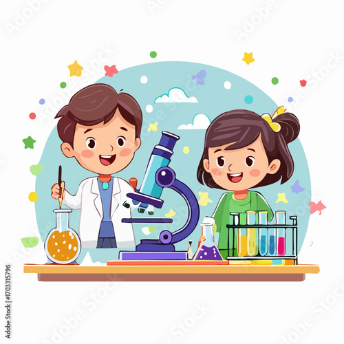 Young students enthusiastically engaging in a science experiment with a microscope and test tubes, showcasing the joy of scientific discovery and learning