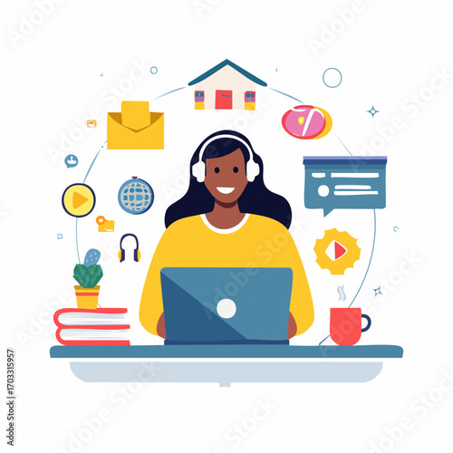 Smiling woman with laptop working from home, surrounded by digital icons