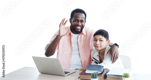 African American man is teacher or tutor teaching  with laptop for Caucasian student boy or pupils in classroom at school. Education and technology for online internet concept