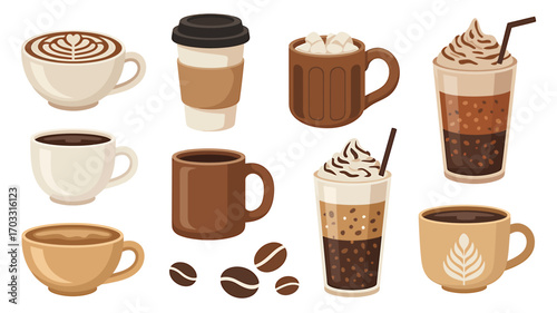 Collection of delicious coffee drinks and beans variety of hot and cold coffee cups