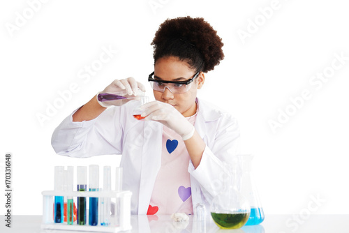 African American girl learning science and test chemical for liquid in the lab classroom of school. She studying and learning experiment science in the laboratory. Education concept