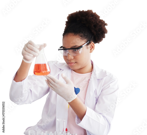 African American girl learning science and test chemical for liquid in the lab classroom of school. She studying and learning experiment science in the laboratory. Education concept