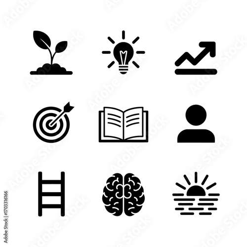 Collection of nine business and success related icons symbolizing growth opportunity and knowledge creation