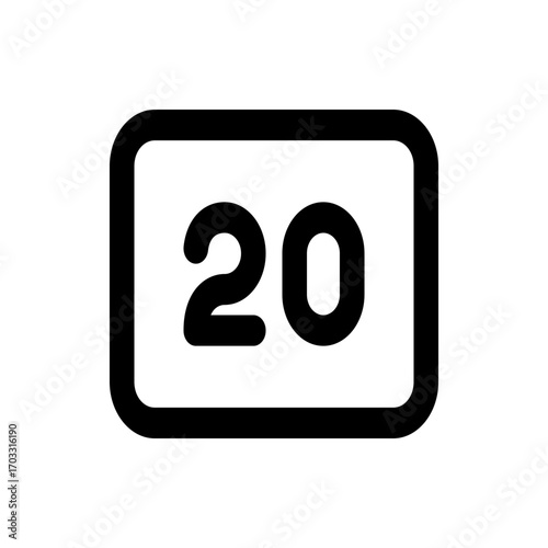 Illustration of the number twenty inside of a black rounded corner rectangle on a white background view