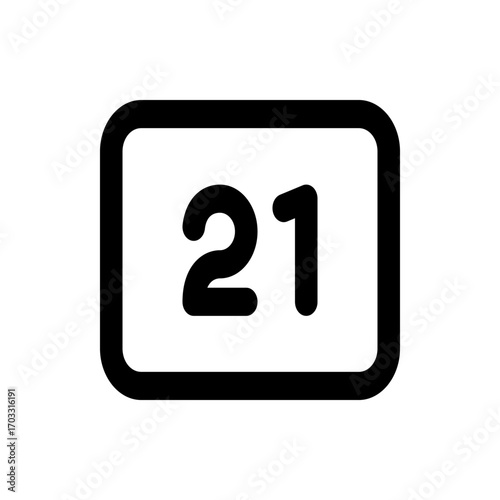 A simple black and white icon of a calendar page showing the date as the twenty first day of the month