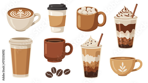 Various delicious coffee drinks and hot chocolate illustrated collection