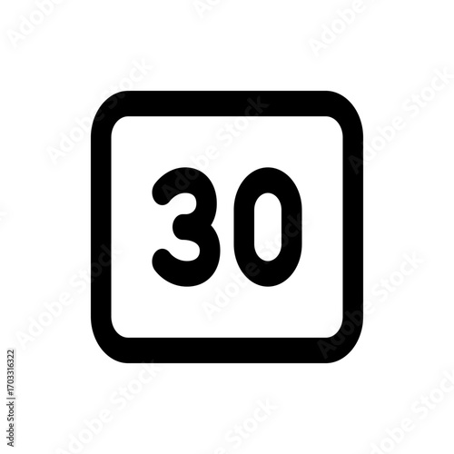 Illustration of a rounded rectangle containing the bold number thirty in black on a white background space