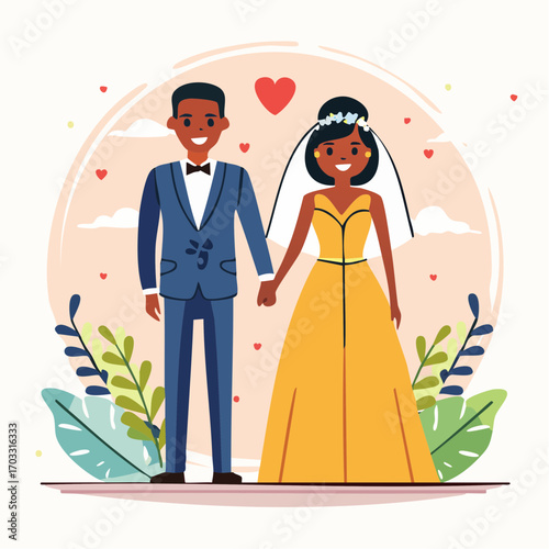 A heartwarming flat illustration depicting a loving couple holding hands on their wedding day, symbolizing the beautiful journey of their new life together filled with joy and hope