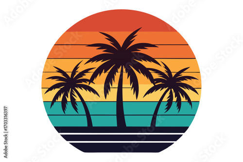 Three black palm trees stand silhouetted against a vibrant, multicolored sunset circle background