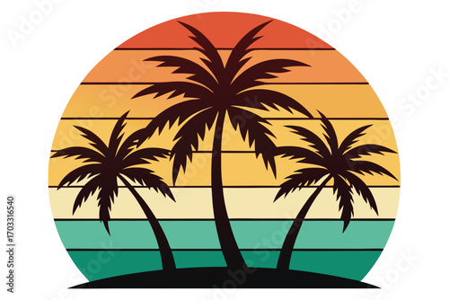 Three silhouetted palm trees stand against a colorful retro striped sunset background