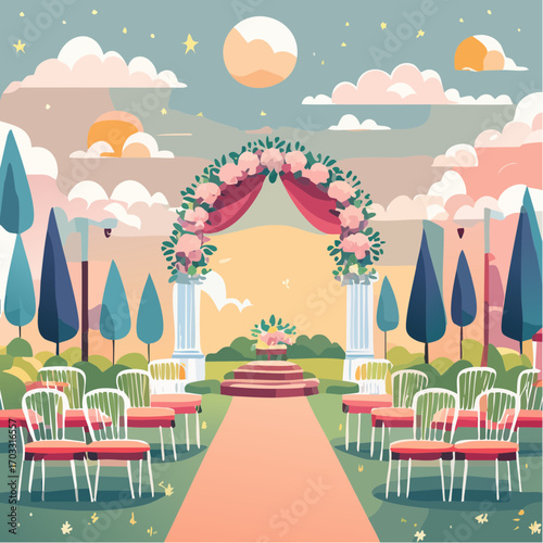Romantic outdoor wedding ceremony setup with an elegant floral arch, neatly arranged guest seating, and a central aisle leading to a charming stage, all under a whimsical sky