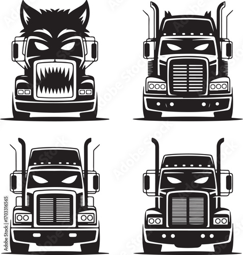Four Truck Frontal Illustrations With Wolf And Eyes On White Background semi truck tractor