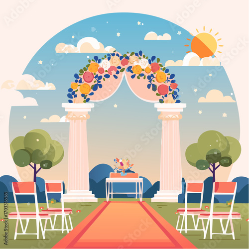 Romantic Outdoor Wedding Ceremony A Floral Arch, Chairs, and Sunny Day