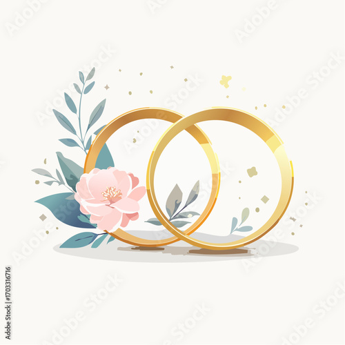 A pair of intertwined gold wedding bands decorated with a delicate pink rose and foliage. Minimalist vector illustration celebrating love, commitment, and marriage