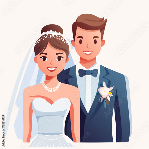 Elegant Flat Vector Illustration of a Smiling Bride and Groom in Wedding Attire